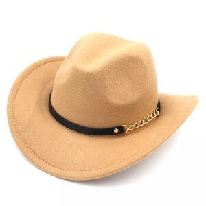 Beige Western Cowboy Hat Wide Brim Fedora Style with Chain Band for Men & Women